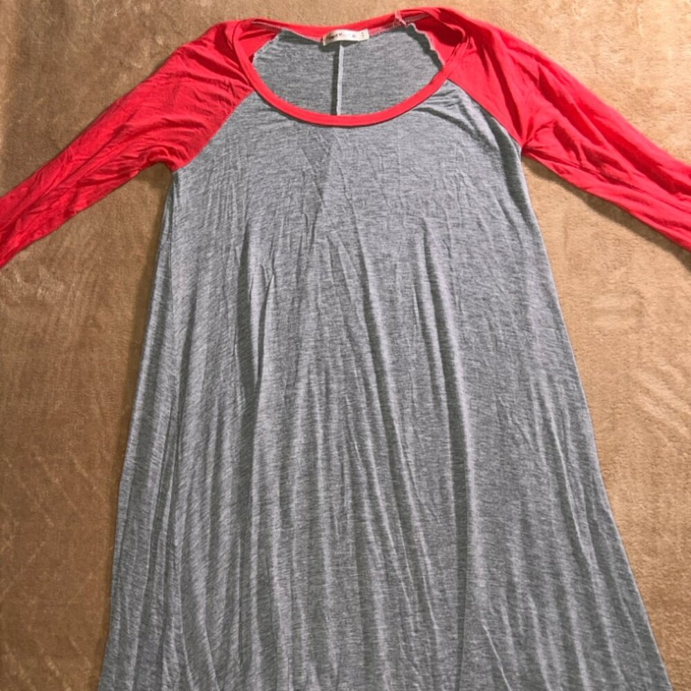 Heart & Hips Women Small Gray Pink 3/4 Sleeve Raglan‎ Flair Short Tunic Dress